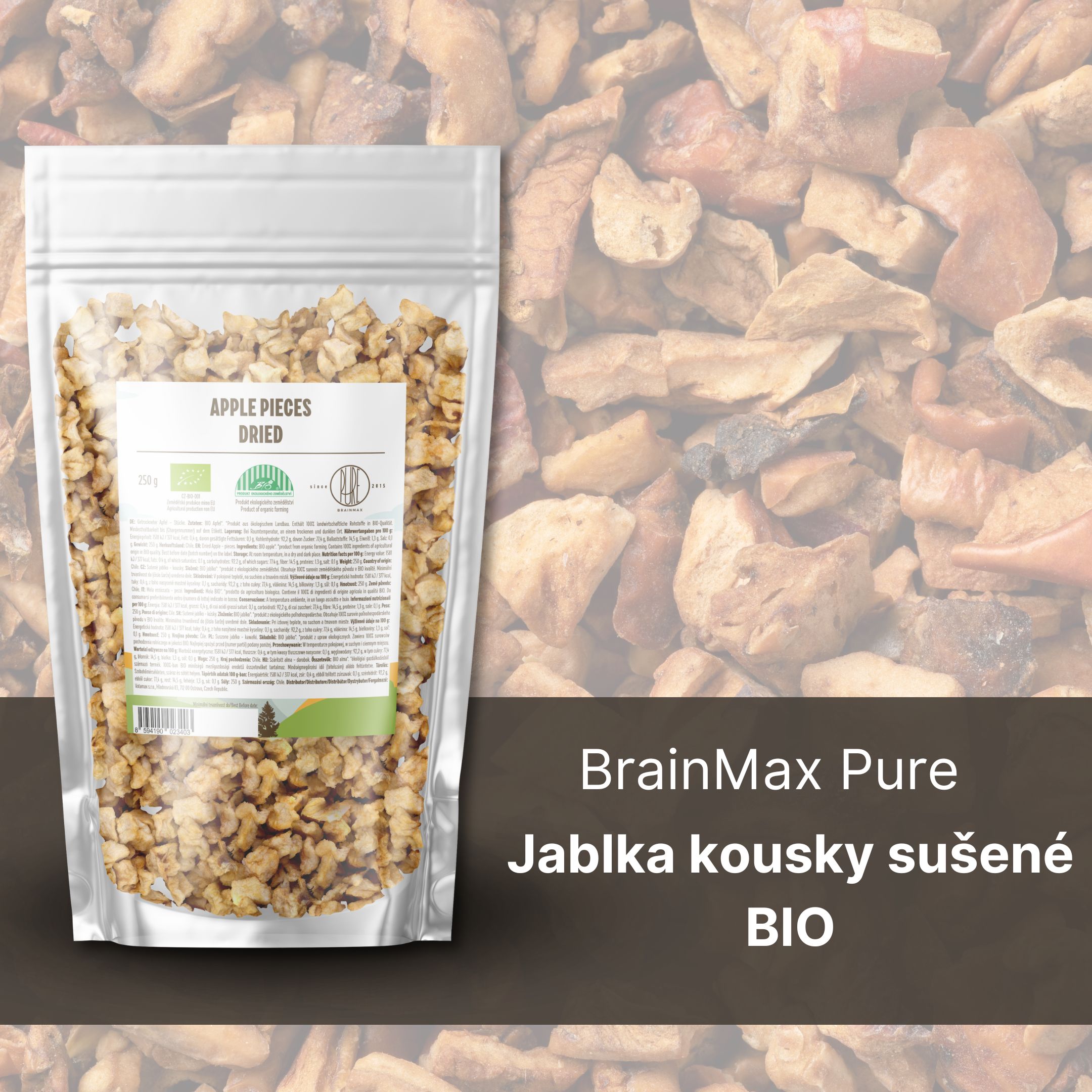 BrainMax Pure Jablka kousky sušené BIO, 250 g